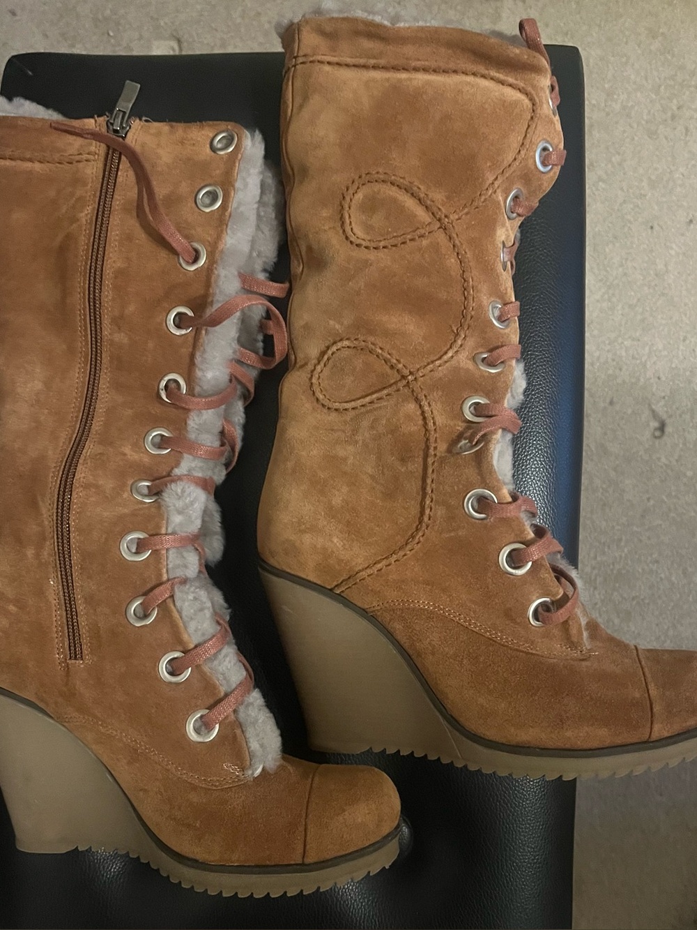 Brown Suede Natural Fur Lined Below-Knee Wedge Boots Size 38 Runs Small